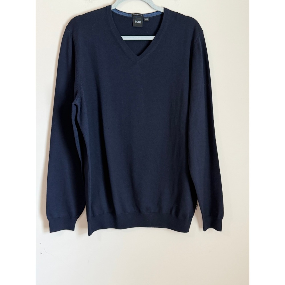 Hugo Boss V-Neck Sweater Mens XL Navy Blue Italian Virgin Wool Knit Lightweight